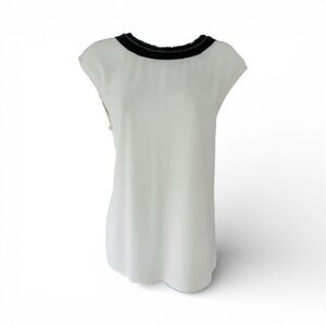 St. John Ivory Blouse with Black Leather Trim, Size M